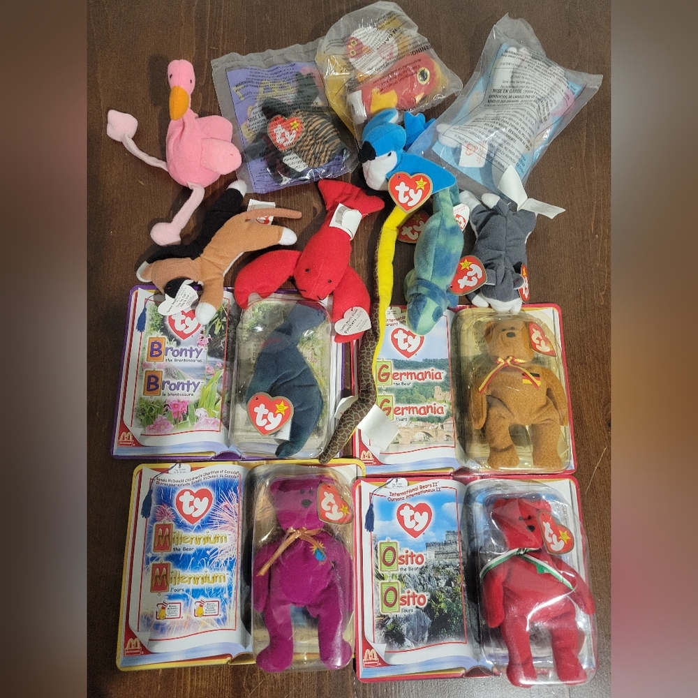 Ty Beanie Baby Assorted Plush Pack - Pink, Red, Blue, Brown, Gray, Yellow, Black